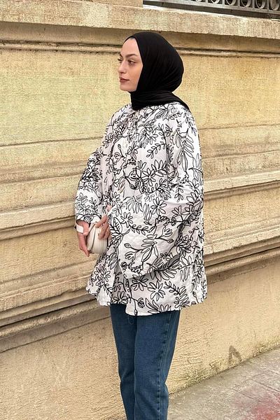 lamelif Бродирана ленена риза черна