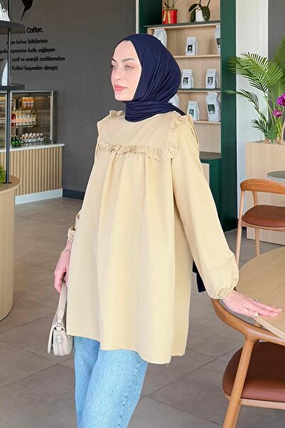 lamelif Crew Neck Shoulder Ruffle Tunic Beige