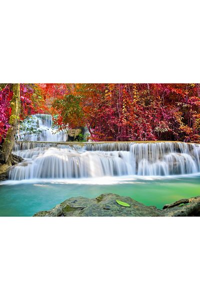 media Fototapet de perete autoadeziv si lavabil Cascada in padurea rosie, 200 x 150 cm