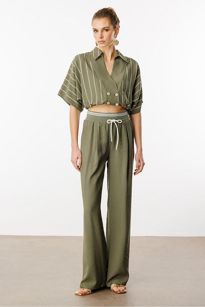 Moda İlgi Modailgi Buy High Waist Loose Pants with Ribbed Pleated Side Pockets - 15020,10021 Khaki