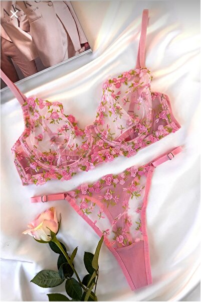 ARONA Çıtır Çiçek Desenli Dantelli İç Çamaşırı Takımı Sütyen Tanga Set