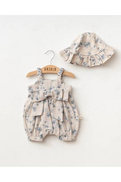 Minidefs Urzalo Bow 100% Cotton Linen Baby Girl Romper and Ruffle Hat