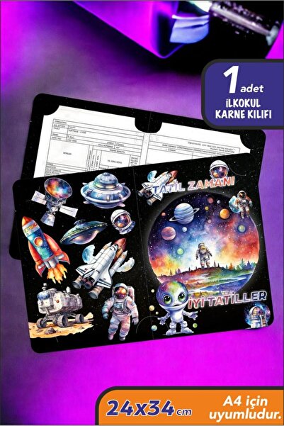 İstisna 1 Adet Uzay Temalı A4 İlkokul Karne Kılıfı Kabı Karne Süsleme 24x34