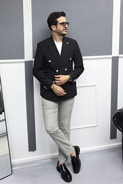 Avni Ceylan Verde Textured Seersucker Italian Style Slim Fit Double Breasted Men's Jacket Black