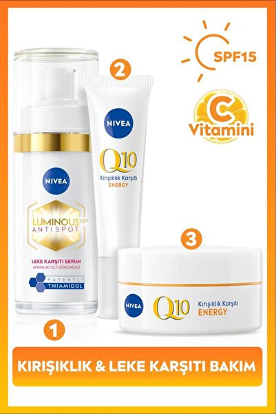 NIVEA SPF15 Q10 Energy Gündüz Kremi 50ml, Luminous630 Thiamidol Etkili Leke Karşıtı Serum 30ml ve Göz Krem