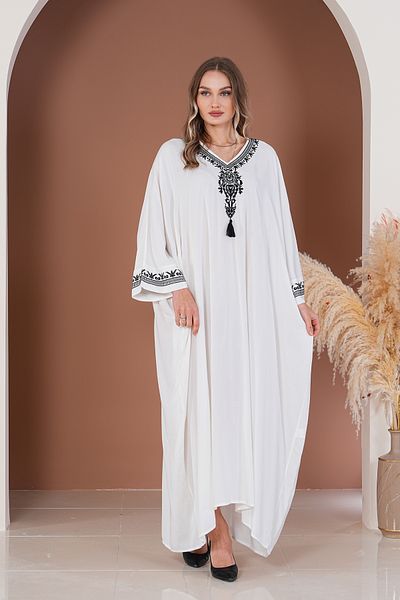 EMY TEKSTİL Women's Embroidered Plus Size Viscose Long Dress White Hijab