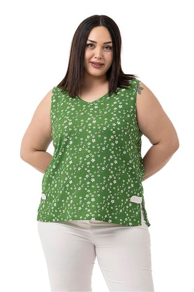 DISENTIS MODEST Plus Size Floral Print V Neck Sleeveless Green Blouse with Side Slit Detail