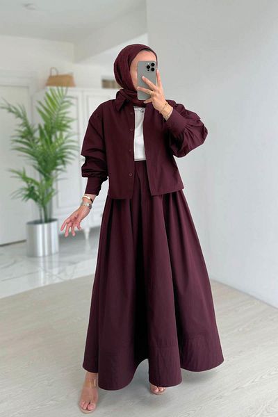 Ka Hijab Poplin Skirt Suit - Claret Red
