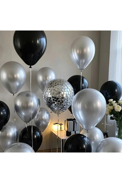 BALON DİYARI 5 Parça Siyah, Gümüş ve Şeffaf Balon Seti – Doğum Günü ve Parti Dekoru 🎈