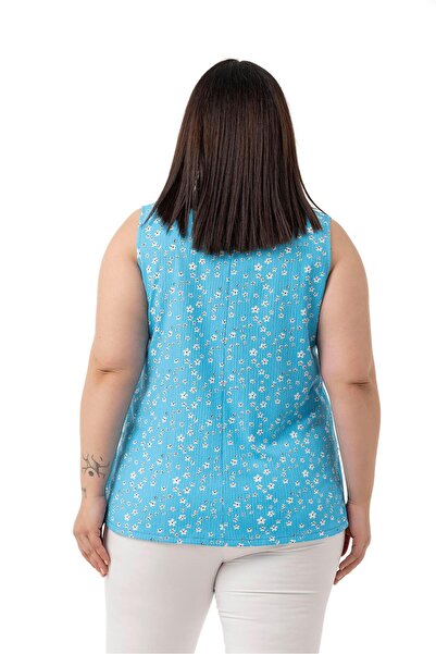 DISENTIS MODEST Plus Size Floral Print V Neck Sleeveless Blue Blouse with Side Slit Detail