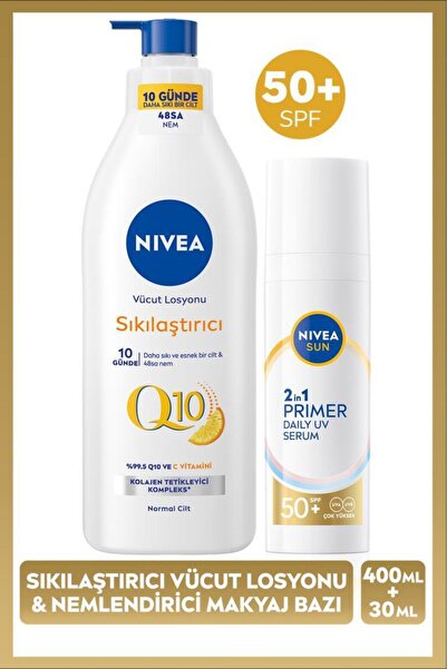 NIVEA SUN SPF50 Güneş Koruyucu Nemlendirici Primer Makyaj Bazı 30ml ve Q10 Sıkılaştırıcı Vücut Losyon400ml