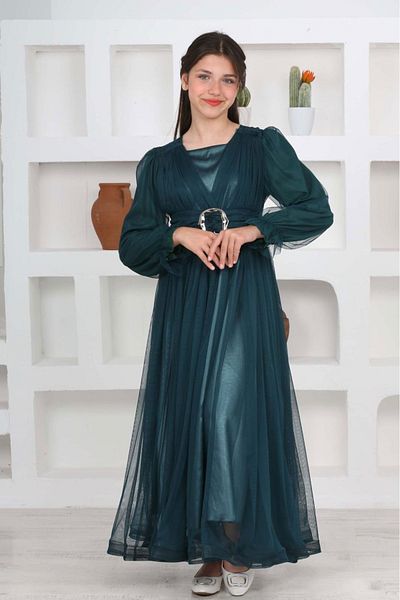 FMN Collection Girl's Long Hijab Evening Dress with Buckle Detail