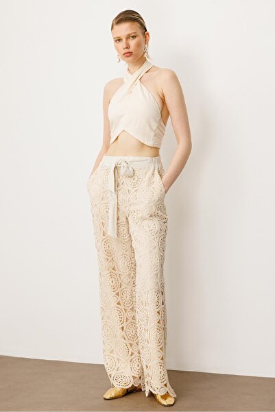 Moda İlgi Modailgi Kemeri Lastikli ve Kuşaklı Güpür Pantolon Taş