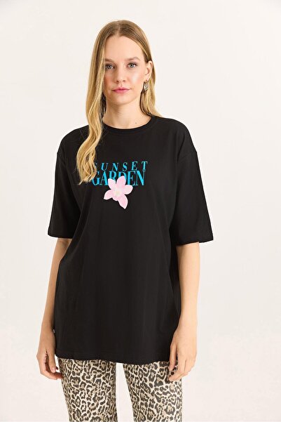 Raneel Kazançlı Alışveriş Front Back Printed Crew Neck Tshirt Black