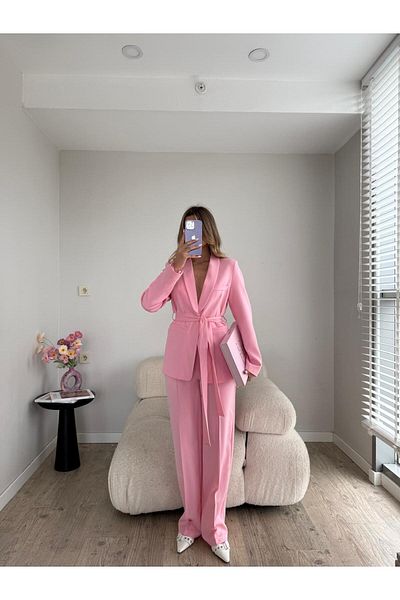 MYGİYİMİSTANBUL Tie-Up Blazer Jacket Wide Leg Trousers Set