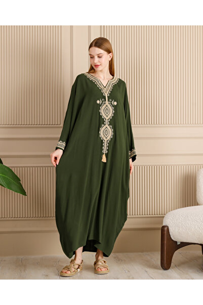 EMY TEKSTİL Women's 141 Embroidered Plus Size Viscose Long Dress Khaki