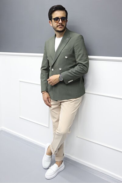 Avni Ceylan Verde Textured Seersucker Italian Style Slim Fit Double Breasted Men's Jacket Khaki