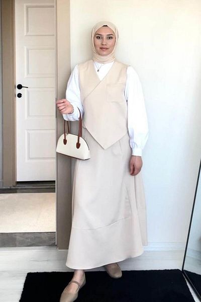 lamelif Tie Detailed Hijab Suit Stone