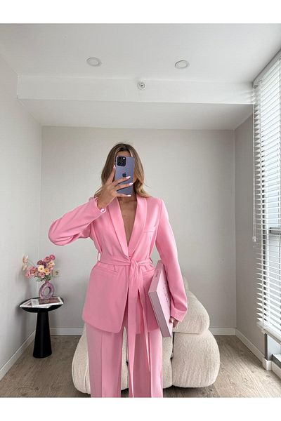 MYGİYİMİSTANBUL Tie-Up Blazer Jacket Wide Leg Trousers Set