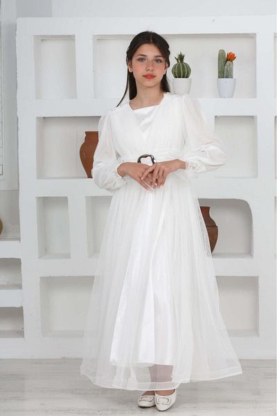 FMN Collection Girl's Long Hijab Evening Dress with Buckle Detail