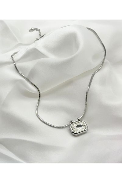 Lunays Stainless Steel Baguette Zircon Stone Women's Necklace Silver Color