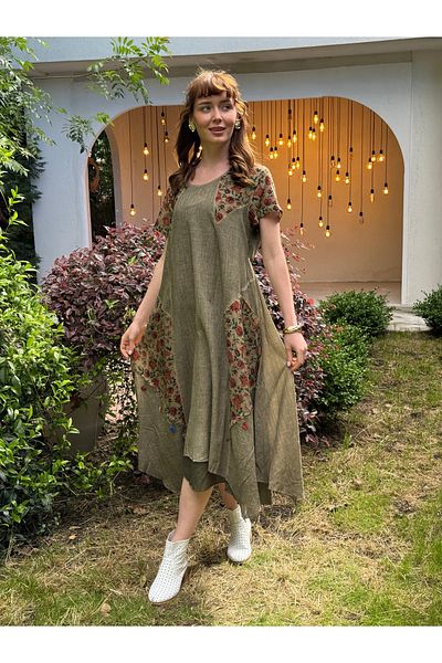 Butik Esra Kandemir Summer Cotton Washed Fabric Lining Lined Lined Large Size Authentic Dress