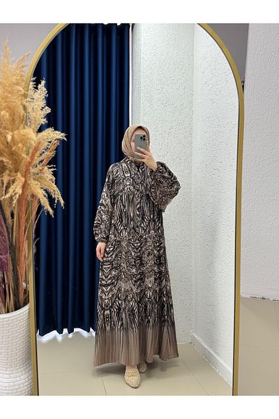 MİHRA STORE Como Vintage Patterned Viscose Dress-Pe606 Brown