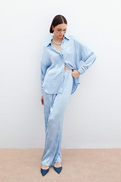 Sateen Jacquard Satin Trousers - Baby Blue