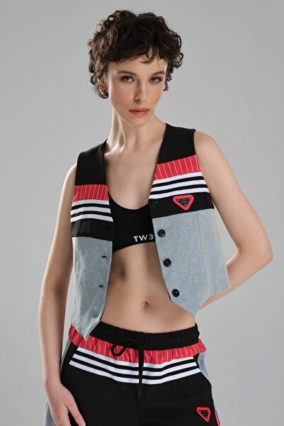 tw3 Women's Stripe Detailed and Denim Garnished Design Slim Fit Vest