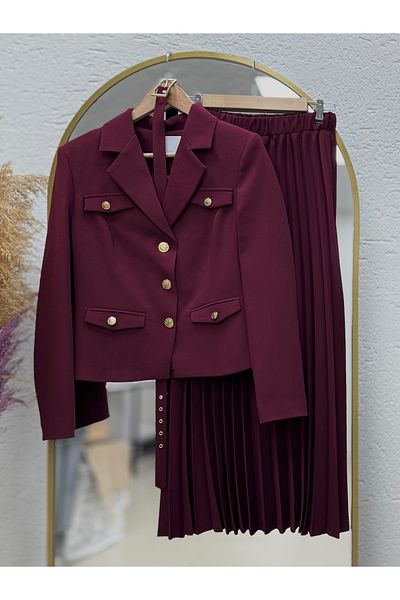MİHRA STORE Zişan Jacket Skirt Pleated Crepe Suit-Un2019 Claret Red