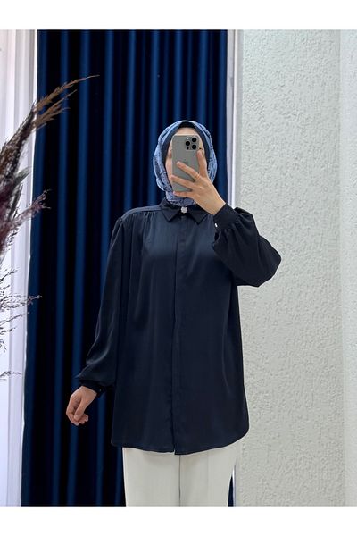 MİHRA STORE Dina Shoulder and Sleeve Gathered Satin Shirt-Ek-Z-37-2 Navy Blue