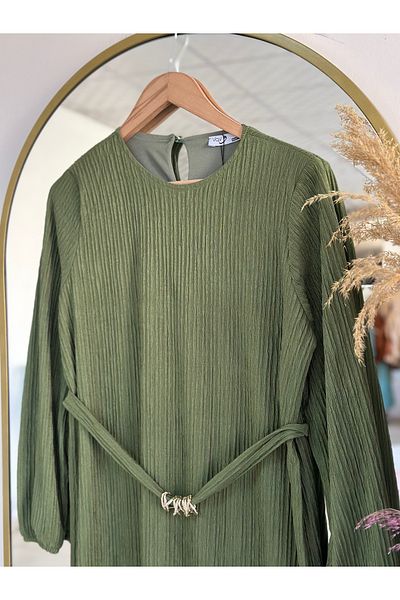 MİHRA STORE Kevser Wrinkled Fabric Dress-Bn4338 Green