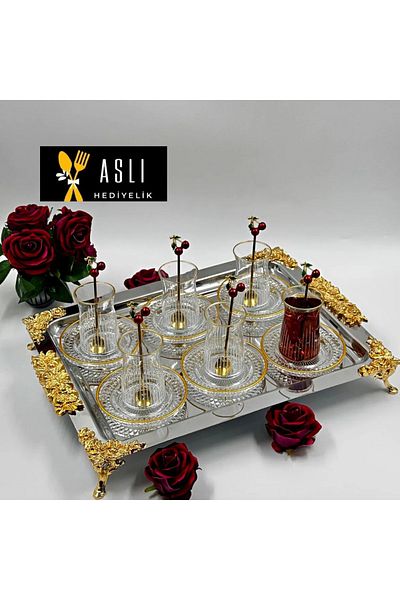 NEWTREND Züccaciye (43X33 cm) Silver Rectangular Stainless Plated Tea, Coffee, Treat Serving Presentation Tray with Stylish Accessories