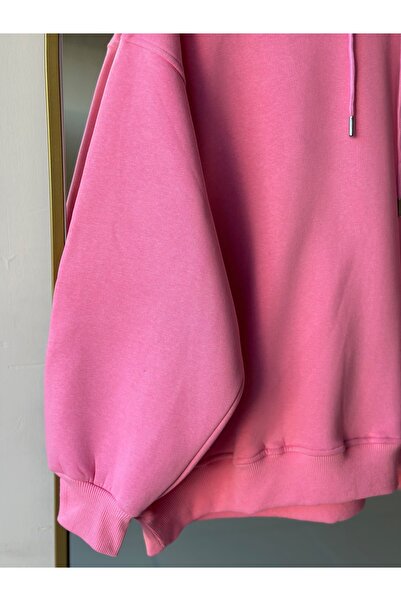 MİHRA STORE Μπλούζα Banu Yandan με οβάλ τσέπες oversized με κουκούλα και τρεις κορδόνια Sweat-ZN1644 Ροζ