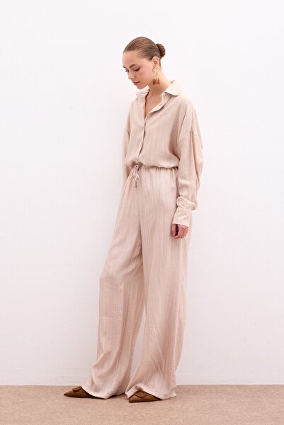 Sateen Bel Lastikli Pantolon - Bej