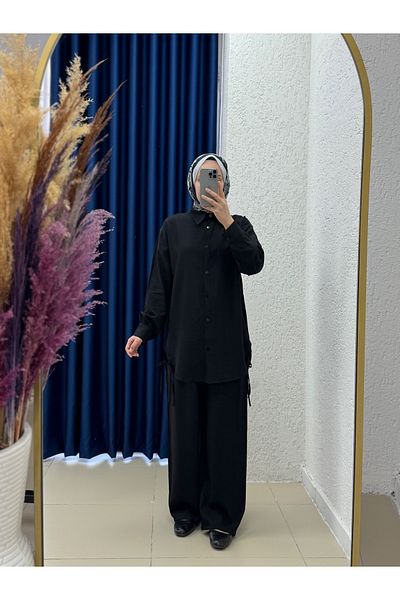 MİHRA STORE Yelita Slit Drawstring Strawberry Pants Suit-Mf462 Black