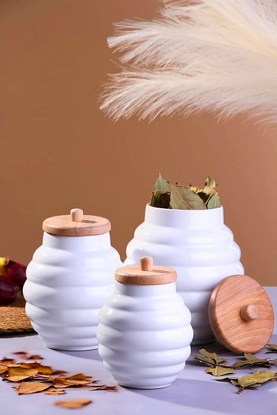 Woodcept Set of 3 Porcelain Honey Hive Model Wooden Vacuum Lid Tea, Sugar, Salt, Coffee Storage Jars