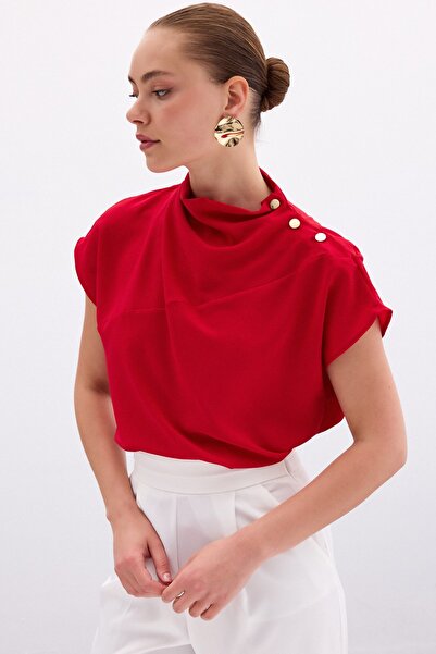 Sateen Tek Omuz Çıtçıtlı Bluz - Kırmızı