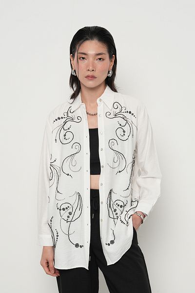 Orfeo Negro Women's Front Beaded Oversize Cut-Out Solid Color Shirt