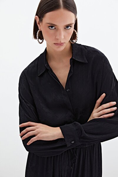 Sateen Jakarlı Saten Gömlek - Siyah
