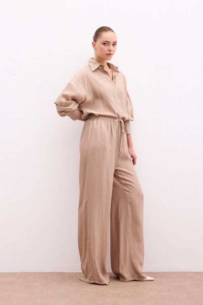 Sateen Παντελόνι με ελαστική μέση - Camel