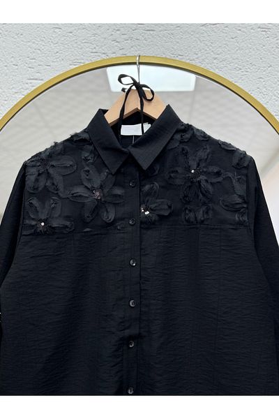MİHRA STORE Strawberry Robe Tulle Flower Detailed Shirt-Na767 Black