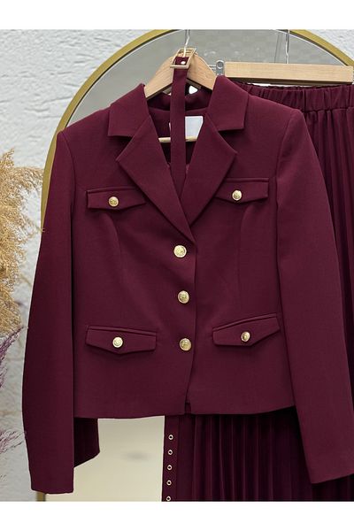 MİHRA STORE Zişan Jacket Skirt Pleated Crepe Suit-Un2019 Claret Red