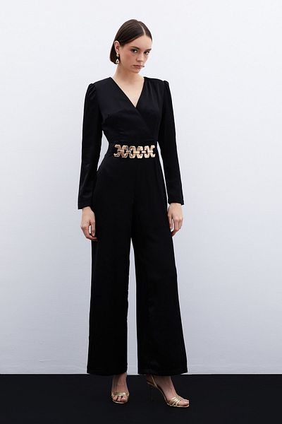 Sateen United Belted Satin Jumpsuit - Black