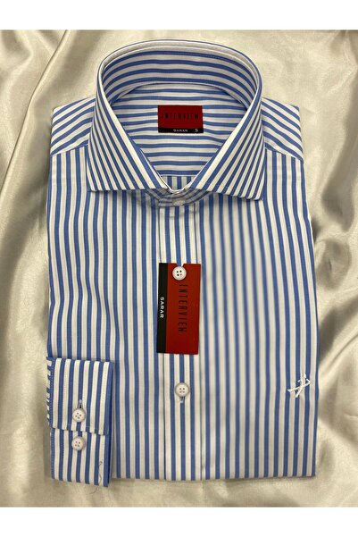 Sarar İNTERVİEW DOKUMA MAVİ ÇİZGİLİ SLİM FİT GÖMLEK