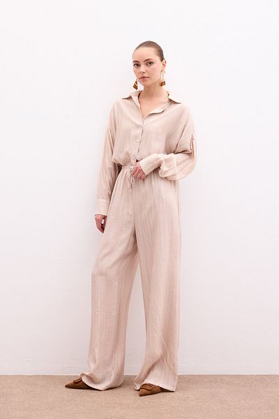 Sateen Elastic Waist Trousers - Beige
