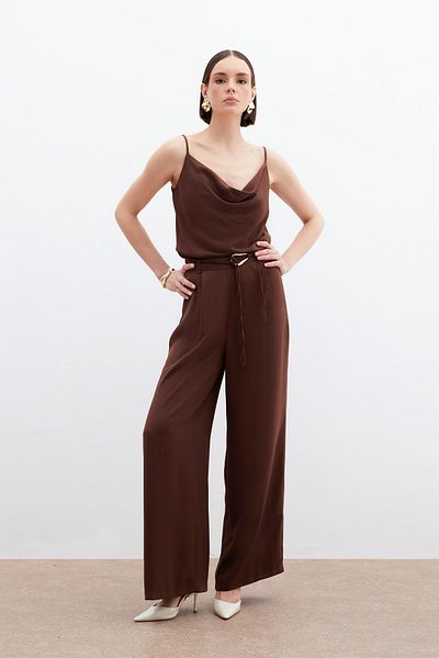 Sateen Belted Casual Trousers - Brown