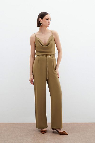 Sateen Belted Casual Trousers - Khaki
