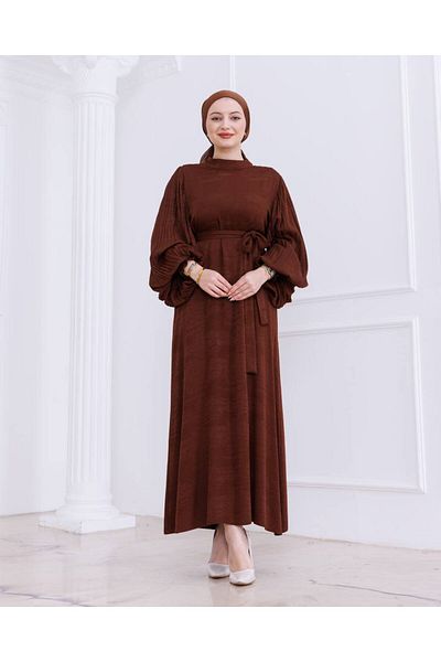 MİHRA STORE Rochie plisată cu mâneci İrem-PA9548 Maro