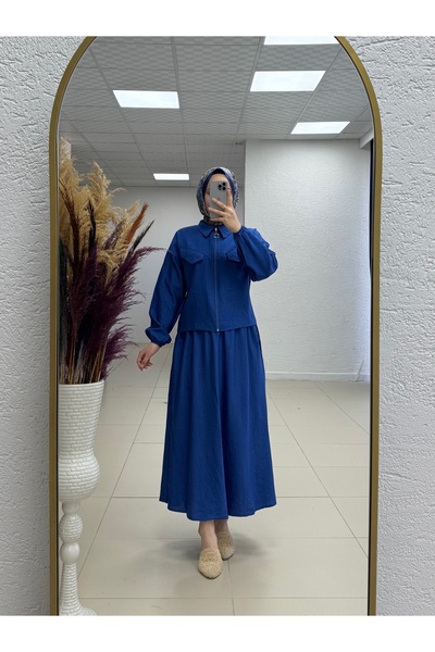 MİHRA STORE Costum de buzunar cu fustă cu fermoar și căpșuni Sofia-NA3390 Saks